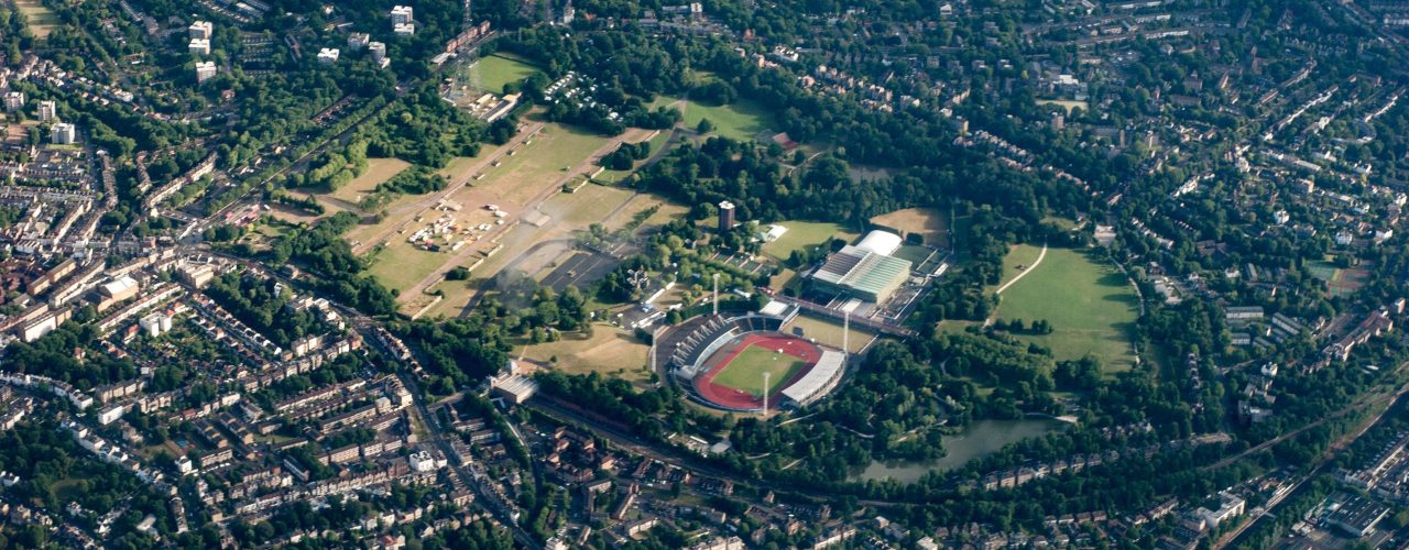 Aerial view of Crystal Palace, London showing the site of the Great Exhibition of 1851