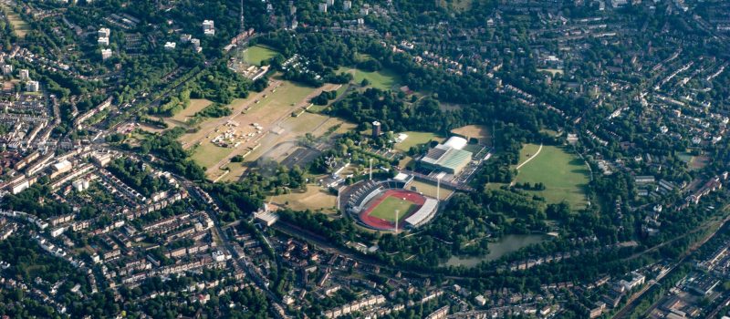 Aerial view of Crystal Palace, London showing the site of the Great Exhibition of 1851
